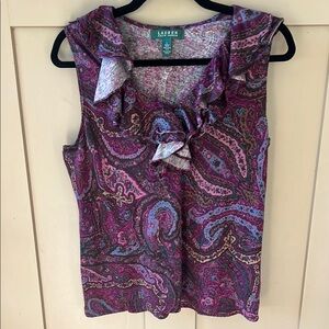 Lauren Ralph Lauren L 100% Cotton Sleeveless Ruffle Collar Burgundy Paisley Top